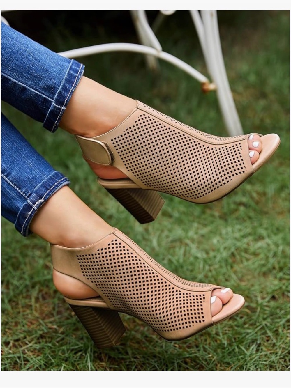 Perforated Peep-Toe Ankle Booties - Tan